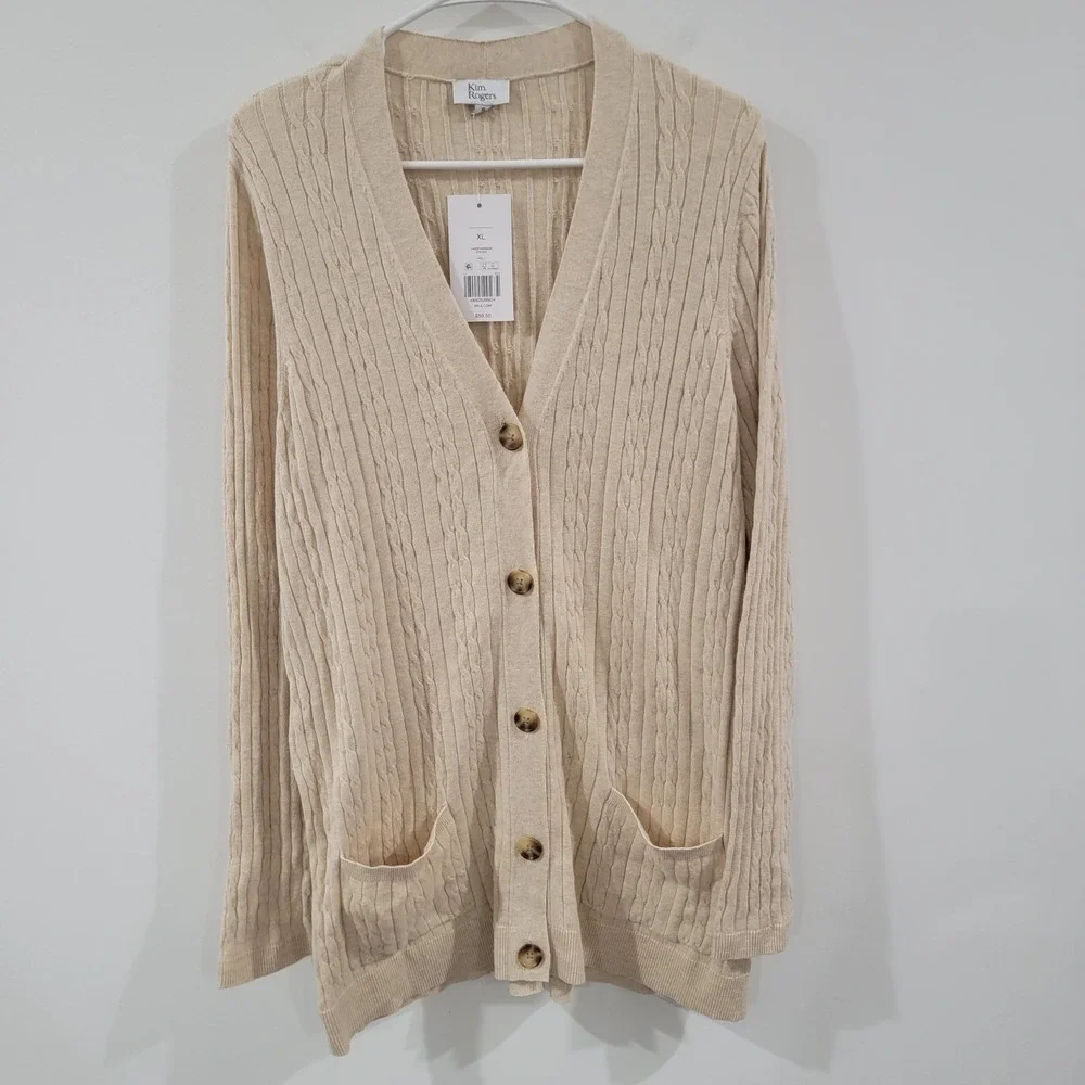 Womens Long Cardigan Size XL Cable Knit Beige Granola Minimalist‎